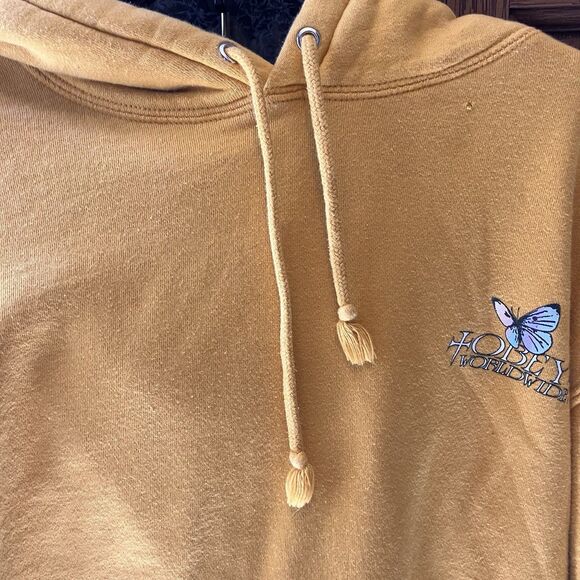 OBEY Logo Pullover Yellow Hooded Sweatshirt Hoodie Women's Size Large Butterfly - Picture 3 of 10